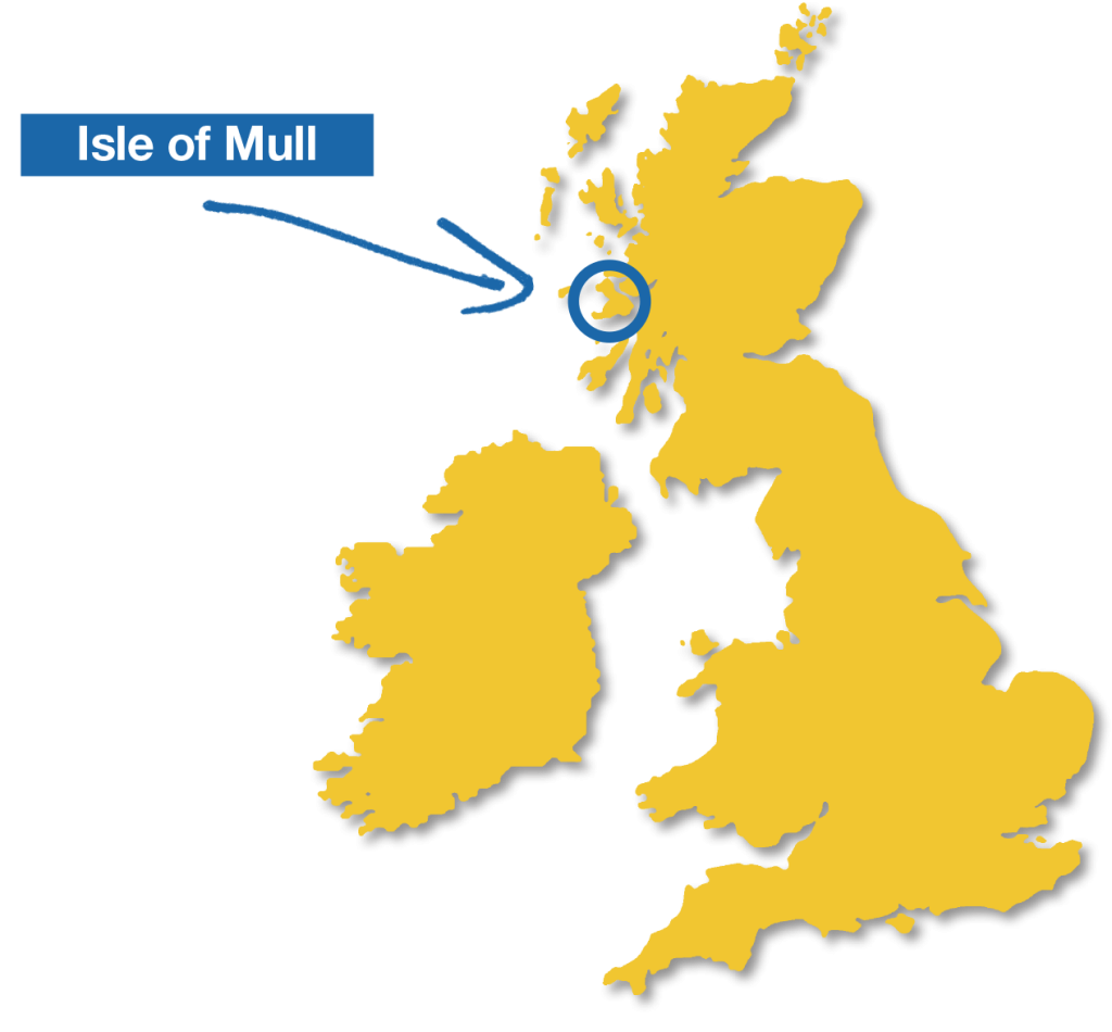 A map of the United Kingdom and Ireland with an arrow pointing to the Isle of Mull on the west coast of Scotland.